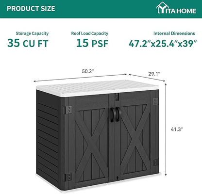 YITAHOME Outdoor Horizontal Storage Shed with X-Shaped Lockable Door, 35 Cu Ft All-Weather Resin Tool Shed w/o Shelf, Ideal for Bike, Trash Cans, Garden Tools, Lawn Mowers, Dark Gray