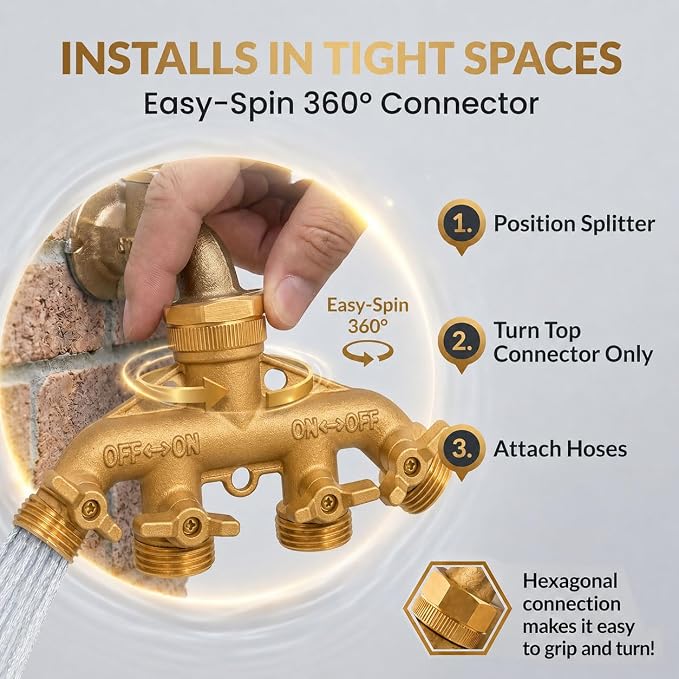 Morvat Brass 4-Way Splitter LEAD-FREE, Heavy-Duty Garden Hose Manifold Connector with Improved Comfort Grip ON/OFF Valves, Adapter for Water Faucet & Spigot, Includes 8 Washers, Teflon Tape (1-Pack)