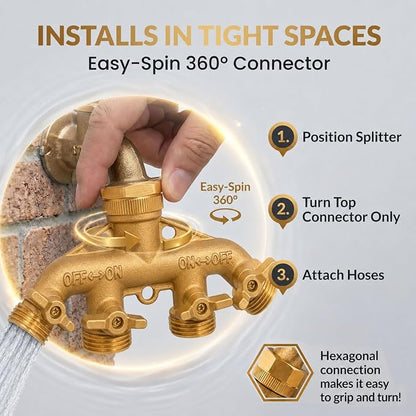 Morvat Brass 4-Way Splitter LEAD-FREE, Heavy-Duty Garden Hose Manifold Connector with Improved Comfort Grip ON/OFF Valves, Adapter for Water Faucet & Spigot, Includes 8 Washers, Teflon Tape (1-Pack)