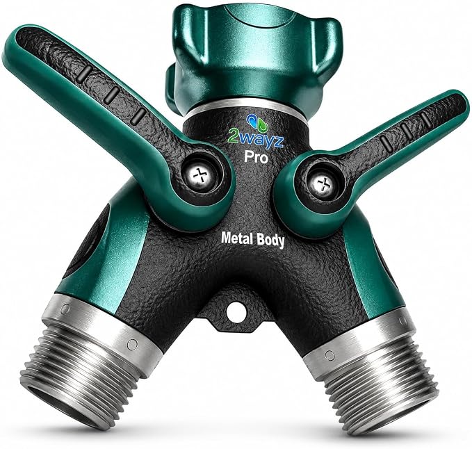 2WAYZ Hose Splitter 2 Way Heavy Duty Outdoor Faucet and Garden Connector - Water Spigot Splitter - Durable All-Metal Y Adapter with Shut-Off Valve - 4 x 4 x 1.5 Inches