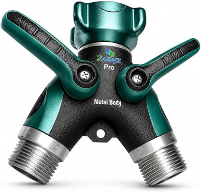 2WAYZ Hose Splitter 2 Way Heavy Duty Outdoor Faucet and Garden Connector - Water Spigot Splitter - Durable All-Metal Y Adapter with Shut-Off Valve - 4 x 4 x 1.5 Inches