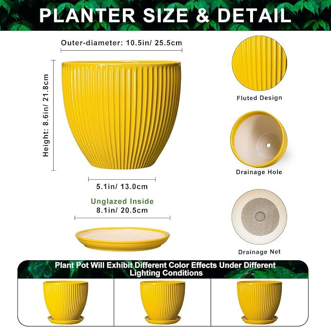Ceramic Planters for Indoor Plants, 10 Inch Plant Pot Indoor with Drainage Hole and Saucer, Modern Large Flower Pots for Indoor Plants, Round Planter, Home Garden Decor, Gardening Gifts, Yellow