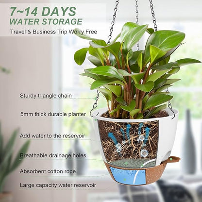 Vanslogreen Hanging Planters for Indoor Outdoor Plants, 2 Pack Self Watering Hanging Pot with Drainage Holes & Removable Tray (White, 10'')