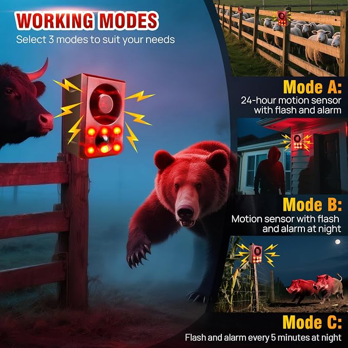 Solar Outdoor Motion Sensor Alarm, Dog Barking&Gunshot Sound,130db Loud Noise Maker,Support Recording,13 Kinds of Sound and Strobe Light to Deter Raccoons, Deer, Skunks, Bears, and Coyotes (2 Pack)