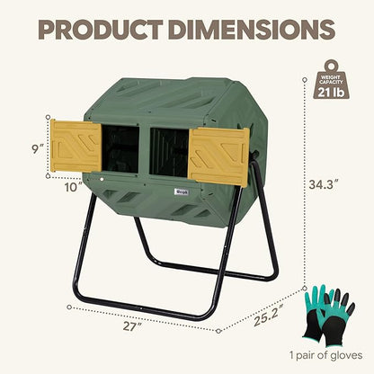 Werph 43 Gal Outdoor Compost Bin for Garden & Kitchen Waste, Grass Green | Fast Assembly, Dual Chamber with Aeration System, 360° Rotating, Tumbling Composting Bin for Kitchen, Garden, Yard