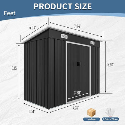 YOPTO 8X4 FT Metal Lockable Outdoor Storage Shed W/Air Vents,Black | Galvanized Steel Shed W/ Sliding Lockable Door,Threshold,Sloped Roof,All Weather Waterproof for Garden,Patio,Backyard,Lawn