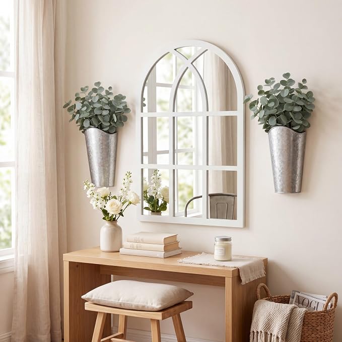 Chunful 3 Pcs Farmhouse Wall Decoration, Includes Self Adhesive Arched Acrylic Mirror and 2 Galvanized Planters, Farmhouse Mirrors with Wooden Frame Metal Tin Vases for Home Bedroom Living Room