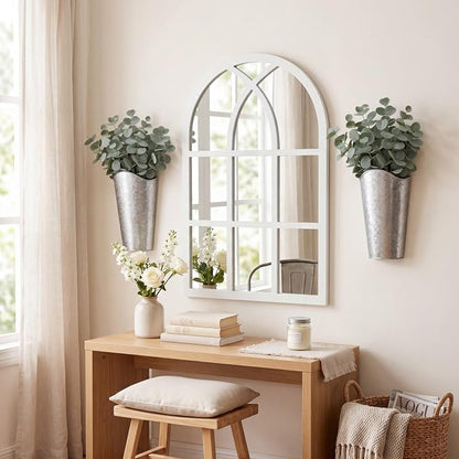 Chunful 3 Pcs Farmhouse Wall Decoration, Includes Self Adhesive Arched Acrylic Mirror and 2 Galvanized Planters, Farmhouse Mirrors with Wooden Frame Metal Tin Vases for Home Bedroom Living Room