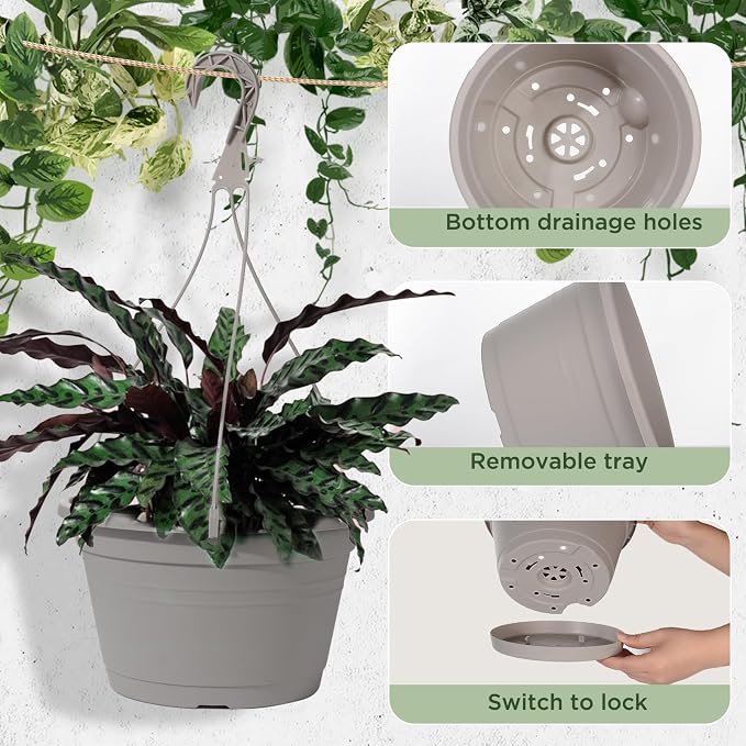 4 Pcs Hanging Planters,10" Hanging Pots Plastic Hanging Flower Plant Basket with Drainage Trays & Chain Holder for Outdoor Indoor Plants Garden Balcony Decoration, Light Gray