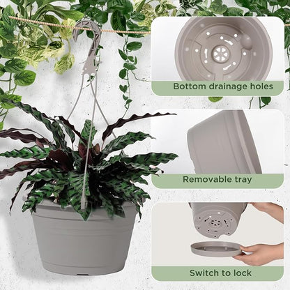 4 Pcs Hanging Planters,10" Hanging Pots Plastic Hanging Flower Plant Basket with Drainage Trays & Chain Holder for Outdoor Indoor Plants Garden Balcony Decoration, Light Gray