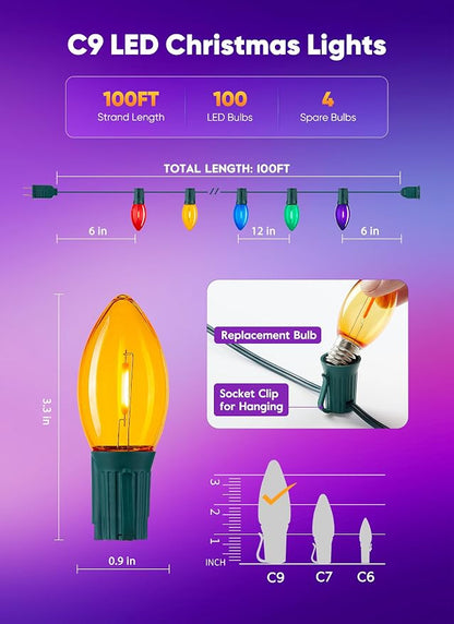 Vintage C9 LED Christmas Lights Outdoor, 100 Ft C9 String with 100 Shatterproof Colorful Bulbs, Waterproof Connectable Christmas Tree Lights for Roofline Holiday Garden Party Xmas Decorations