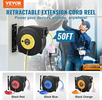 VEVOR Retractable Extension Cord Reel, 50 FT, Heavy Duty 14AWG/3C SJTOW Extension Power Cord with Lighted Triple Tap Outlet, 13A Circuit Breaker 180° Swivel Bracket for Ceiling or Wall Mount, Yellow