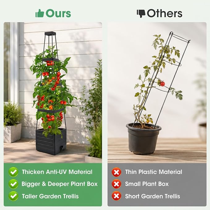 MQUPIN 2 Pack Tomato Planter with Trellis, 57" Self-Watering Raised Garden Bed Planter Box for Climbing Plants Vine Flowers Vegetables, Tomato Cage for Indoor Outdoor Patio Greenhouse