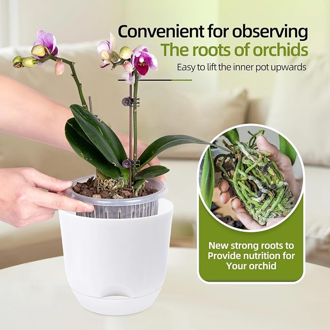7.2Inch White Orchid Pots with Holes for Repotting, Double-Layer Plastic Self Watering Flower Pots for Indoor Plants with Drainage Holes, Clear Orchid Pot Match Decorative Orchid Container, 5 Packs