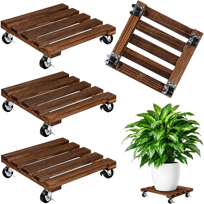 4 Pack Wooden Plant Stand With Wheels, 12" Rolling Planter Base Plant Stand, With Metal Lockable Caster Wheels, For Indoor Outdoor Plant Pots