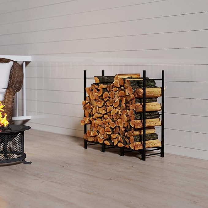 C-Hopetree 4Ft Outdoor Indoor Firewood Rack, Adjustable Metal Log Holder for Fireplace, Heavy Duty Wood Pile Storage Organizer Stacker Stand, Black
