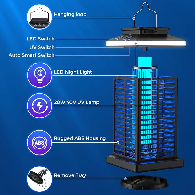 Bug Zapper Outdoor, 2026 Upgraded 3 in 1 Rechargeable Bug Zapper with 5000mAh Battery & LED Night Light, 4000V Cordless Waterproof Mosquito Zapper for Outside,Patio,Backyard,Garden Black