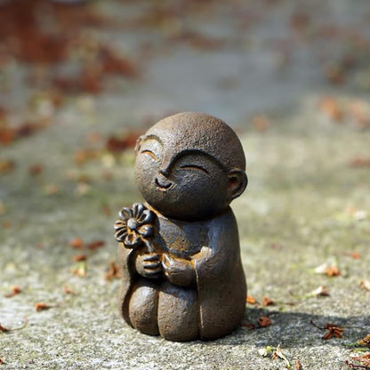 OwMell Japanese Jizo Monk Statue, Buddha Jizo Figurine Memorial Aquarium Statue Ornament - Flower Iron
