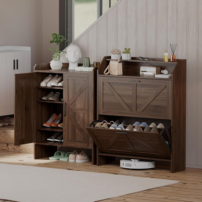 Mericonia Farmhouse Shoe Cabinet with 2 Flip Drawers, Shoes Storage Cabinet, Freestanding Shoe Rack Organizer for Entryway, Walnut