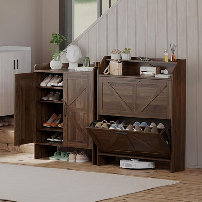 Mericonia Farmhouse Shoe Cabinet with 2 Flip Drawers, Shoes Storage Cabinet, Freestanding Shoe Rack Organizer for Entryway, Walnut