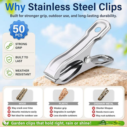 50 Pcs Garden Clamp, Stainless Steel Metal Clip for Garden Netting | Garden Clips for Netting, Greenhouse Clip with Strong Grip, Heavy Duty Clamp, Outdoor Clip for Shade Cloth, Laundry, Fabric