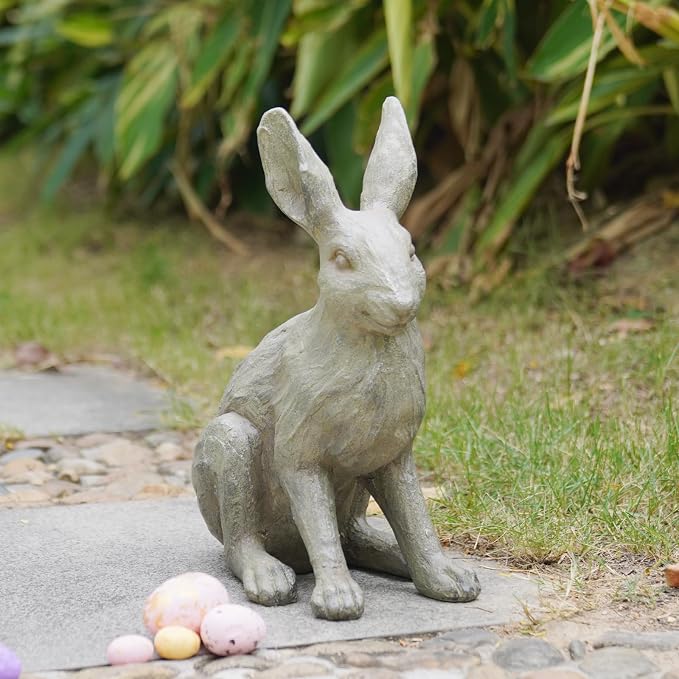 DiliComing Grey Resin Rabbit Garden Statue - 12 Inch Large Garden Statues for Home Yard Decor Garden Statues for Outside Balcony Bunny Decor for Garden Gifts