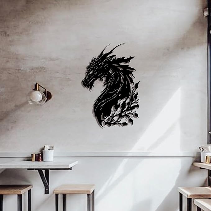 LIYAOLI 3D Dragon Wall Art Decor - Black Metal Dragon Head Sculpture for Men Cave, Western Room Decor - Unique Fantasy Gifts for Medieval Decorations, Bedroom & Living Room