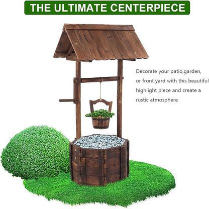 Wishing Well for Outside - Garden Wooden Decor Rustic Wishing Well Flower Pots, Height Adjustable Hanging Plant Pots with 2 Reinforced Rods for Patio Lawn Backyard Home Planters (Brown)