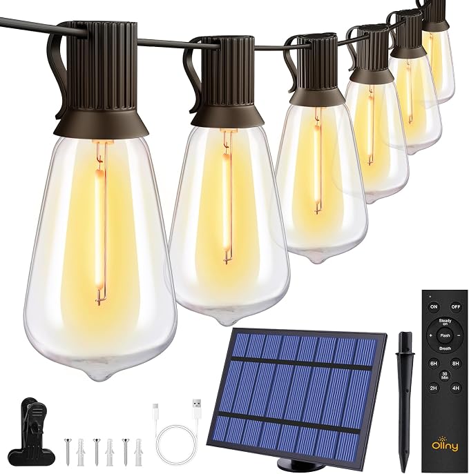 Ollny 25+2 LEDs ST38 Solar String Lights for Outside, 50 FT USB & Solar Dual Charging Outdoor String Lights, 3 Modes 5 Timers 10 Brightness 2200K Waterproof Patio Light for Porch Garden Camping