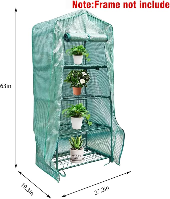 Sfcddtlg 4 Tier Greenhouse Replacement Cover with Roll-Up Zipper Door-PE Plant Greenhouse Cover for Indoor Outdoors Gardening Plants Cold Frost Protection Wind Rain Proof (Frame NOT Include)
