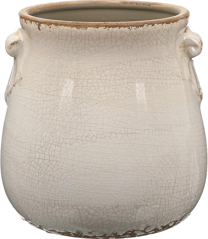 Ceramic Scroll Planter 6.5 Inch Chinoiserie Floral Vase with Drainage Holes Vintage Flower Vase Flower Pot Rustic Ceramic Pots for Indoor Plants Garden Home Bookshelf Decor (Pure White)