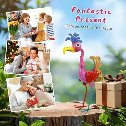 20'' Tall Metal Rooster Statue for Farmhouse, Lawn, Garden | Funny Rooster Sculpture Garden Decor, Metal Yard Art, Pink