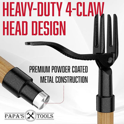 MELISSA AND HARRY Papa's Tools Weeder - Stand Up Weed Puller Tool Made with Long Wooden Handle - Real Bamboo & 4-Claw Steel Head (Natural / 3PC)
