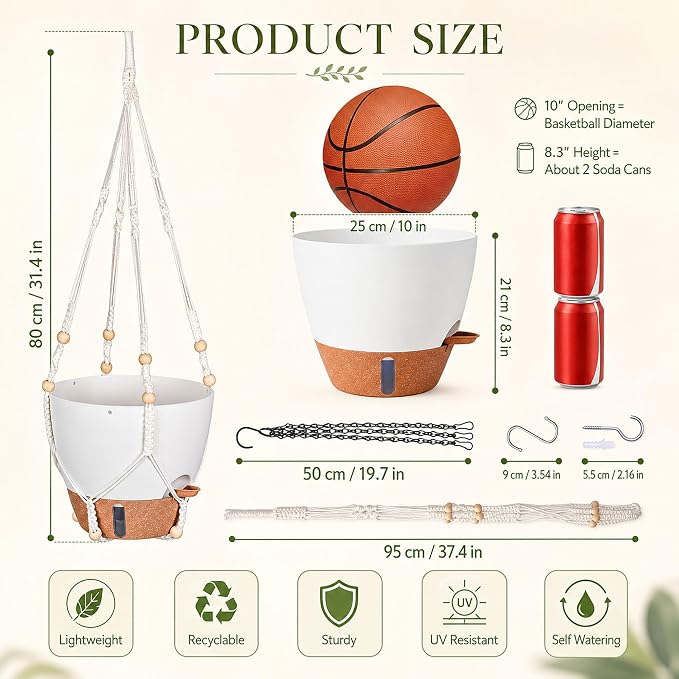 10 Inch Self Watering Hanging Planters, 2 Pack, Visible Water Window | Drainage Holes, Cotton-wick Reservoir, Metal Chain & Macrame Plant Hangers for Indoor & Outdoor Plants