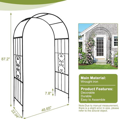 Outvita 7.3FT Black Metal Garden Arch Arbor Trellis for Climbing Plants | Heavy duty decorative archway with ground stakes, outdoor vine support decor for lawn, patio, wedding & party decoration