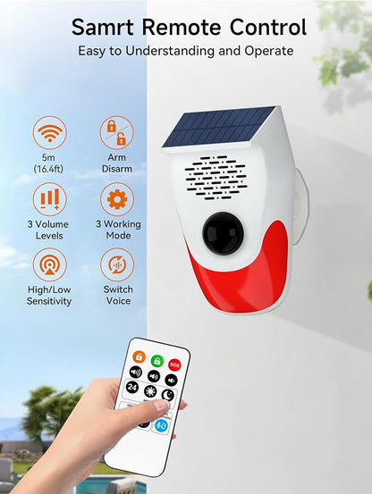 PILSAMAS Solar Motion Sensor Alarm with Custom Voice Upload - 120dB Loud Noise Maker & Strobe Lights, Remote Control, IP65 Waterproof for Deer/Bear Deterrent, Chicken Coop Security, Pool Safety Alerts