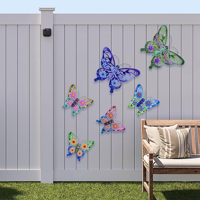 SUNREEK 6Pcs Metal Butterfly Wall Decor, 14Inch/9Inch Outdoor Butterfly Wall Art for Fence Garden Yard Room Patio Balcony Decorations