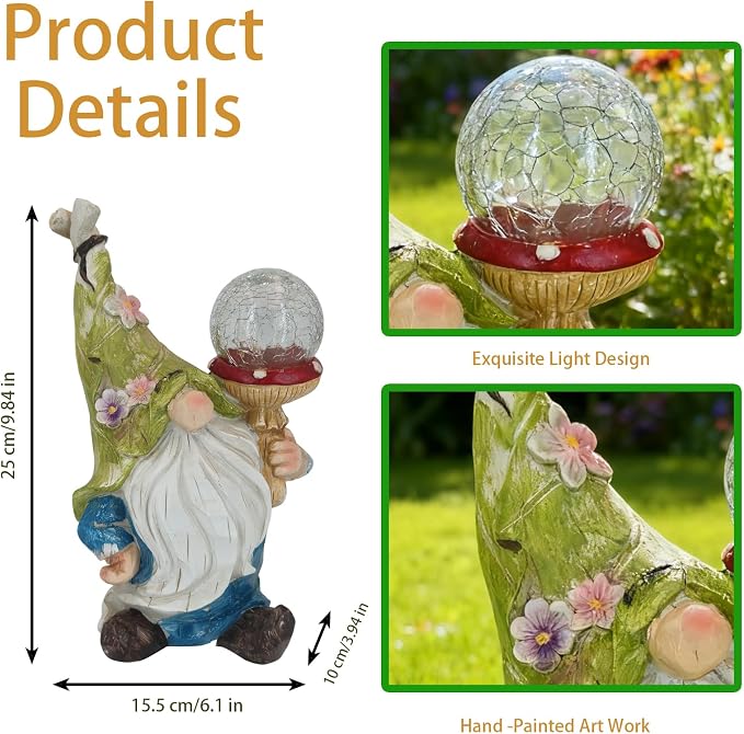 Garden Gnome Solar Light StatueOutdoor Decorative Statue | Gnome With Crackle Glass Globe, Blue & White Floral Design, Waterproof LED Yard Art for Patio, Lawn, Garden,Gift for Women