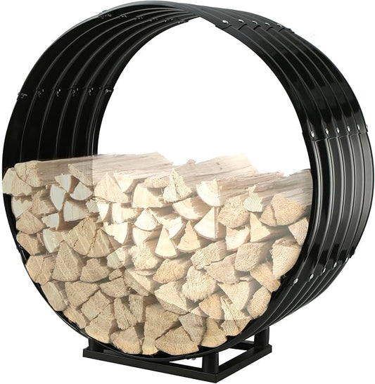Round Heavy Duty Firewood Rack – Galvanized Wave-Shaped Steel with 4 Sturdy Legs – 0.8mm Thick Black Coated – Indoor or Outdoor Wood Holder for Fireplace,Patio & Deck Fire Pit (2.7FT Diameter+Base)