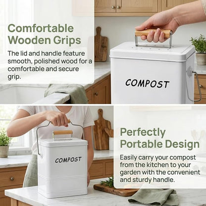 Tlence 1.7 Gallon Kitchen Compost Bin, Countertop Food Waste Pail with Handles, Odorless Composting Bucket with Carbon Filters, Indoor Small Food Scrap Composter for Trash Waste, White
