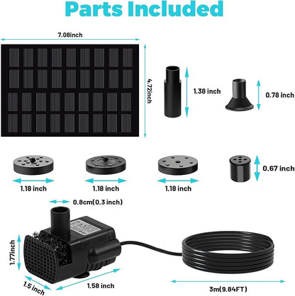 Solar Powered Fountain Pump, DIY Solar Water Pump Kit with 9.84FT Power Cord & 4 Nozzles, 2W Solar Fountain for Bird Bath, Patio, Garden, Small Pond