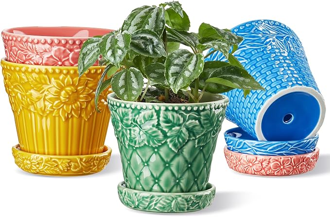 Metahom Ceramic Plant Pots, 4.9 Inch Flower Pots with Drainage Hole & Saucer, Colorful Planter Pots for Indoor Plants, Small Pots for Succulent, Catus, Home Decor, Set of 4, Assorted Colors