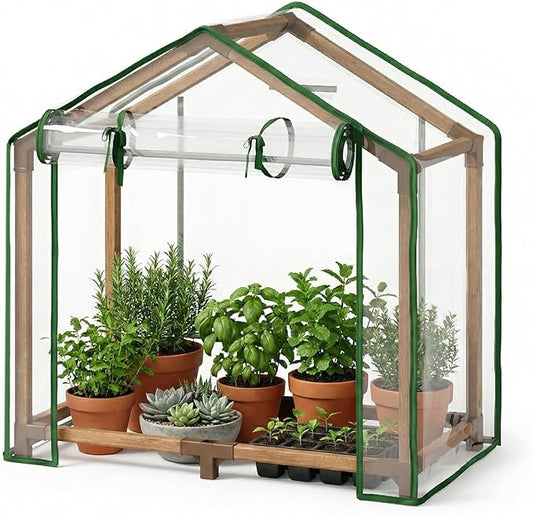 Bamworld Mini Greenhouse Indoor Desktop with Zippered Doors Portable Plant Hot House with Durable PE Cover Ventilation Window for Seed Starting&Plant Growth