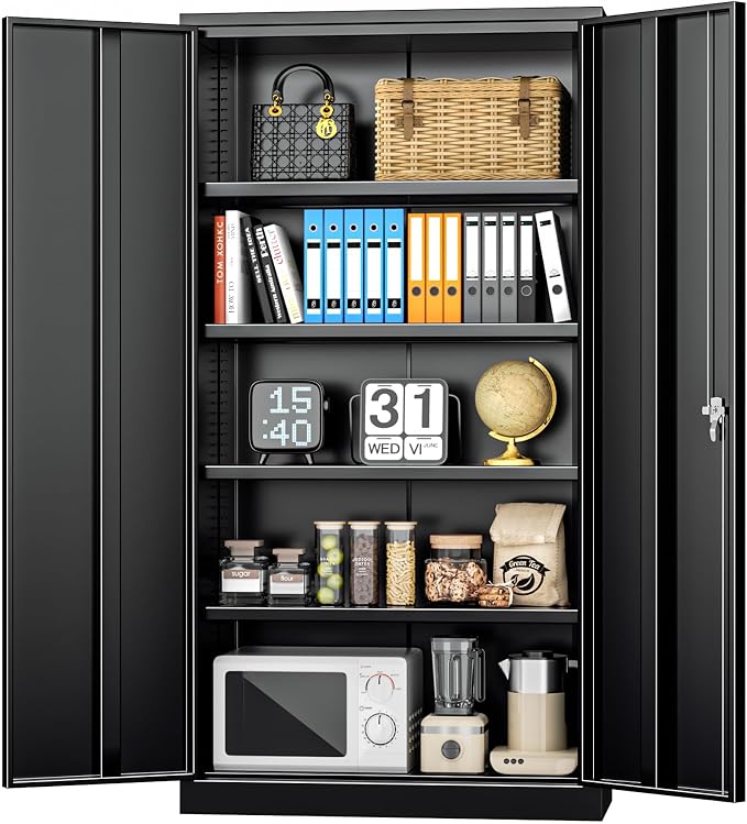 INTERGREAT Black Metal Storage Cabinet Doors, 72" Locking Steel Storage Cabinet with Shelves, Tall Metal Cabinet Lockable Steel Cabinets for Home Office, Garage