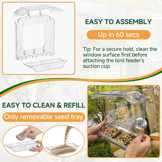 Window Bird Feeder with 4 Extra Strong Suction Cups (2.5 Inch) | Clear Bird Feeder with Dual Seed Tray, Easy to Install and Clean, Birdfeeder for Close-Up Viewing Birds, Bird Watching Gift