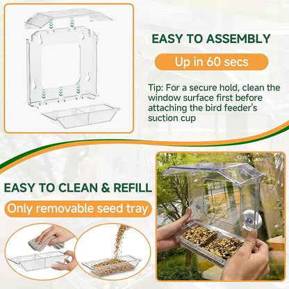 Window Bird Feeder with 4 Extra Strong Suction Cups (2.5 Inch) | Clear Bird Feeder with Dual Seed Tray, Easy to Install and Clean, Birdfeeder for Close-Up Viewing Birds, Bird Watching Gift