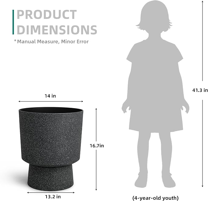 Autodaya 16.8" Black Terrazzo Pedestal Planters Set of 2 with Drainage Hole | Modern Plastic Flower Pots with Weather-Resistant Finish for Indoor or Outdoor Garden, Patio, Balcony, or Entryway Decor