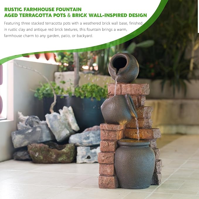 3-Tier Outdoor Water Fountain with LED Light, Garden Fountain Cascading Waterfall Fountain, Floor-Standing Water Feature for Patios, Porch, Backyards