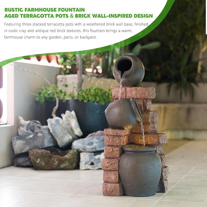 3-Tier Outdoor Water Fountain with LED Light, Garden Fountain Cascading Waterfall Fountain, Floor-Standing Water Feature for Patios, Porch, Backyards