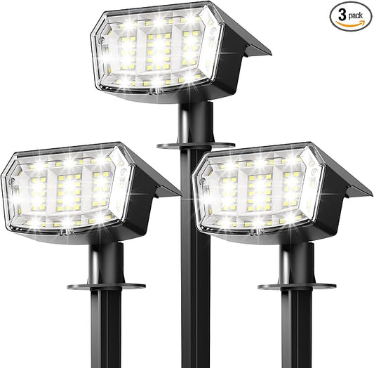 AUDERWIN Solar Lights Outdoor Waterproof IP65, 63 LED 3 Lighting Modes Solar Powered Yard Garden Spot Lights for Outside Landscape- 3 Pack (Cool White)